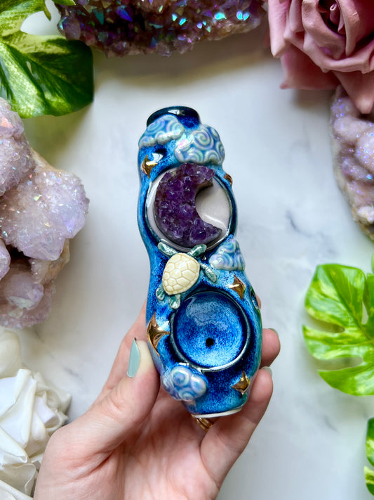 Amethyst Moon Pipe with Sea Turtle Night Sky Ceramic Porcelain Smoking Pipe