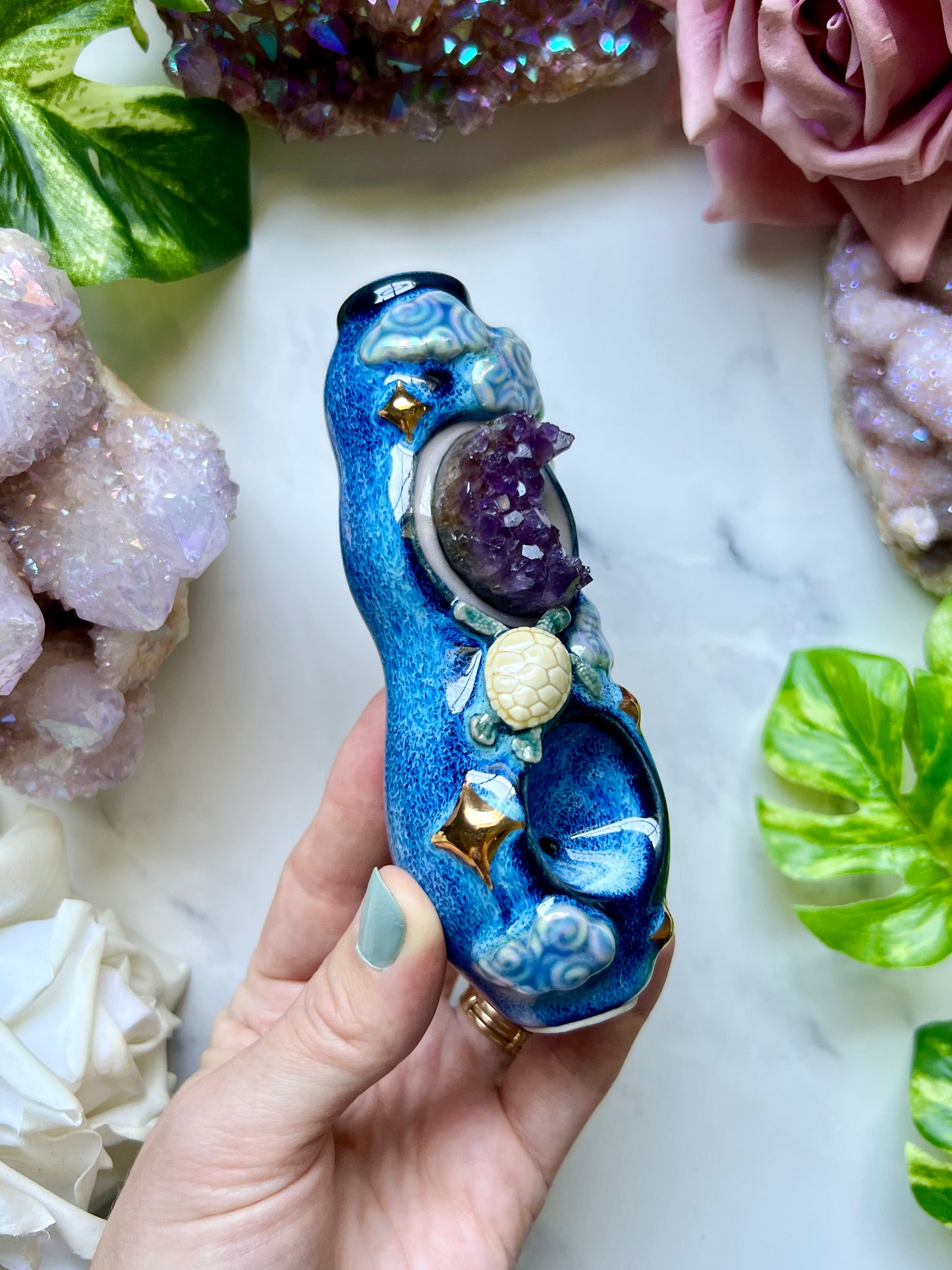 Amethyst Moon Pipe with Sea Turtle Night Sky Ceramic Porcelain Smoking Pipe