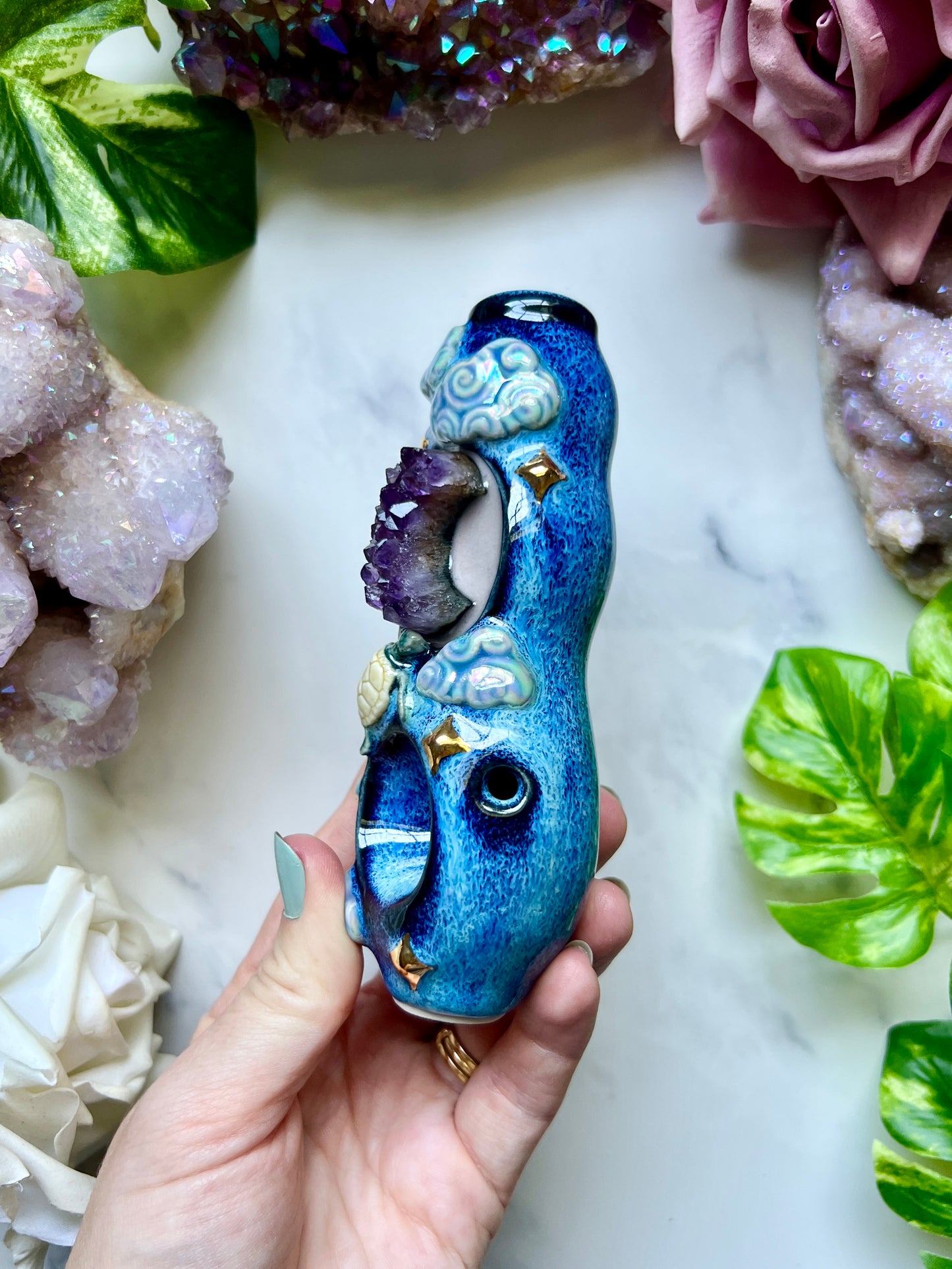 Amethyst Moon Pipe with Sea Turtle Night Sky Ceramic Porcelain Smoking Pipe