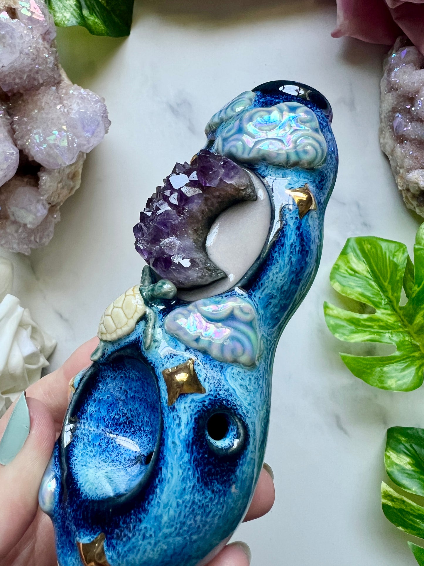 Amethyst Moon Pipe with Sea Turtle Night Sky Ceramic Porcelain Smoking Pipe