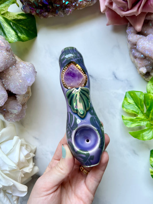 Amethyst Crystal Pipe with Monstera Ceramic Porcelain Smoking Pipe