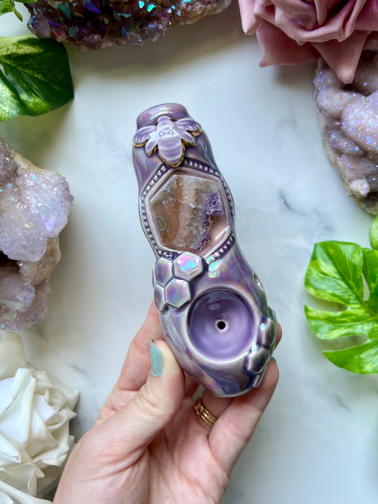 Amethyst Crystal Pipe with Bee Honey Comb Ceramic Porcelain Smoking Pipe