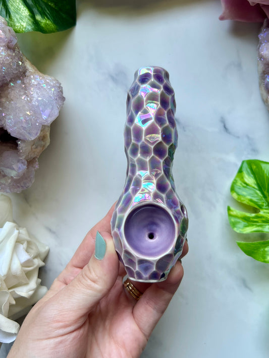 Iridiscent Purple Pipe Carved Ceramic Porcelain Smoking Pipe