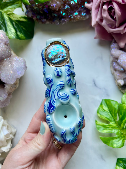 Abalone Pipe Funky Blue Ceramic Porcelain Smoking Pipe Clay Pipe