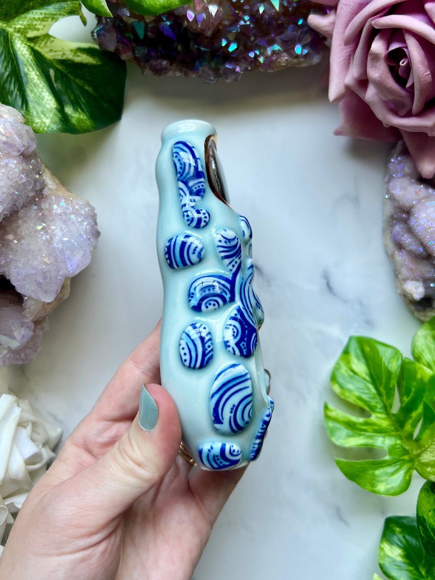 Abalone Pipe Funky Blue Ceramic Porcelain Smoking Pipe Clay Pipe