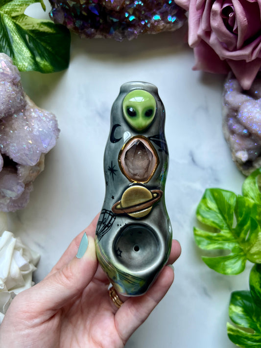 Smokey Quartz Pipe Alien UFO Saturn Porcelain Pipe, Smoking Pipe, Ceramic Pipe, Crystal Pipe (Copy)