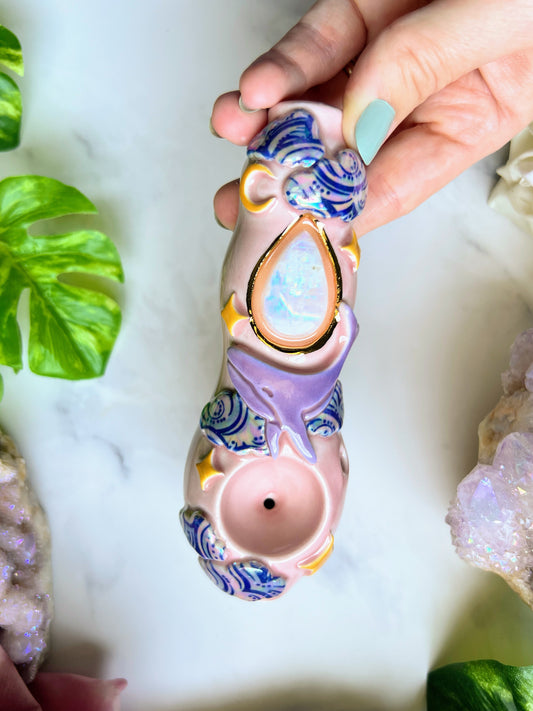 Moonstone Pipe Whale Cosmic Sky Porcelain Ceramic Smoking Pipe