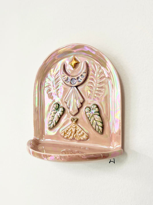 Moon Phase Moth Wall Hanging Shelf, Ceramic Jewelry Hanger, Alter Arch Shelf