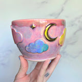 Pink Iridescent Rainbow Cloud Planter Pot with Gold Moon/Stars