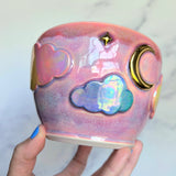 Pink Iridescent Rainbow Cloud Planter Pot with Gold Moon/Stars