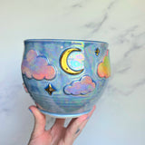 Blue Iridescent Rainbow Sky Planter Pot with Gold Moon/Stars