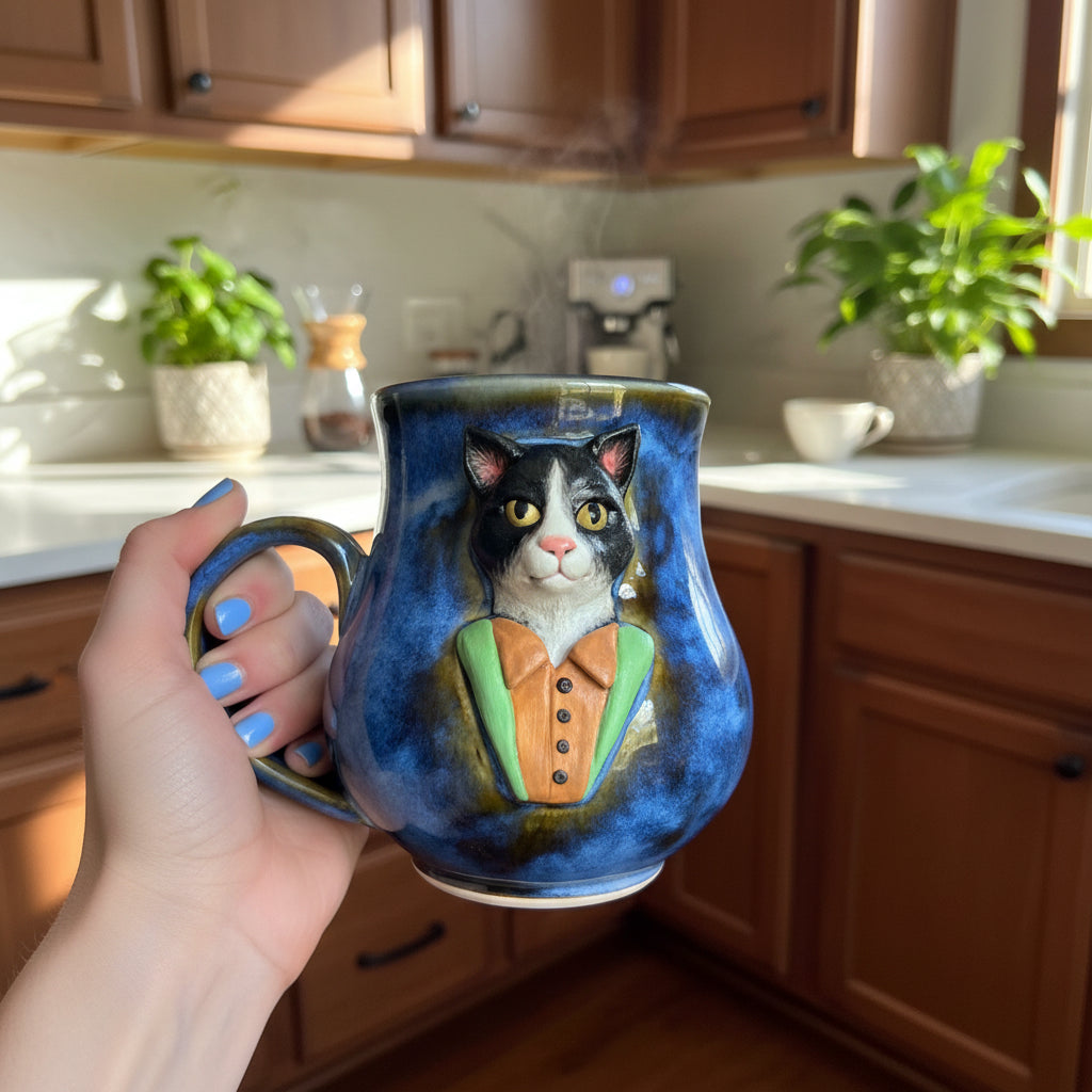 Tuxedo Cat Mug - Highly Detailed Cat Sculpture