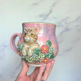 Tabby Cat Mug - Highly Detailed Cat Sculpture - Succulent Garden