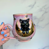 Black Cat Mug - Highly Detailed Cat Sculpture - Gold Moon