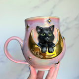 Black Cat Mug - Highly Detailed Cat Sculpture - Gold Moon