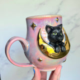 Black Cat Mug - Highly Detailed Cat Sculpture - Gold Moon