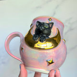 Black Cat Mug - Highly Detailed Cat Sculpture - Gold Moon