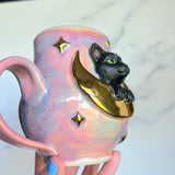 Black Cat Mug - Highly Detailed Cat Sculpture - Gold Moon