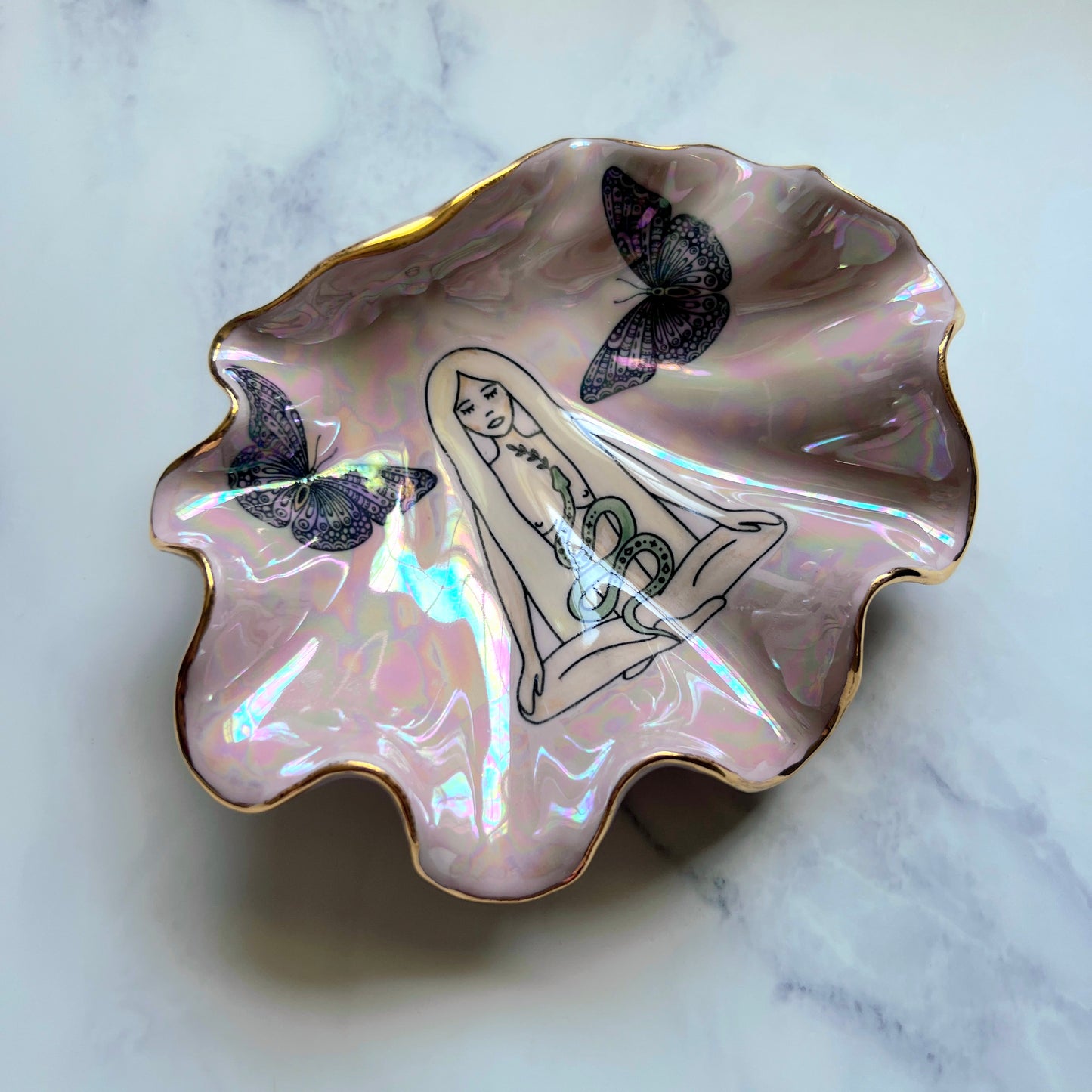 Snake Goddess Shell Bowl with Butterflies