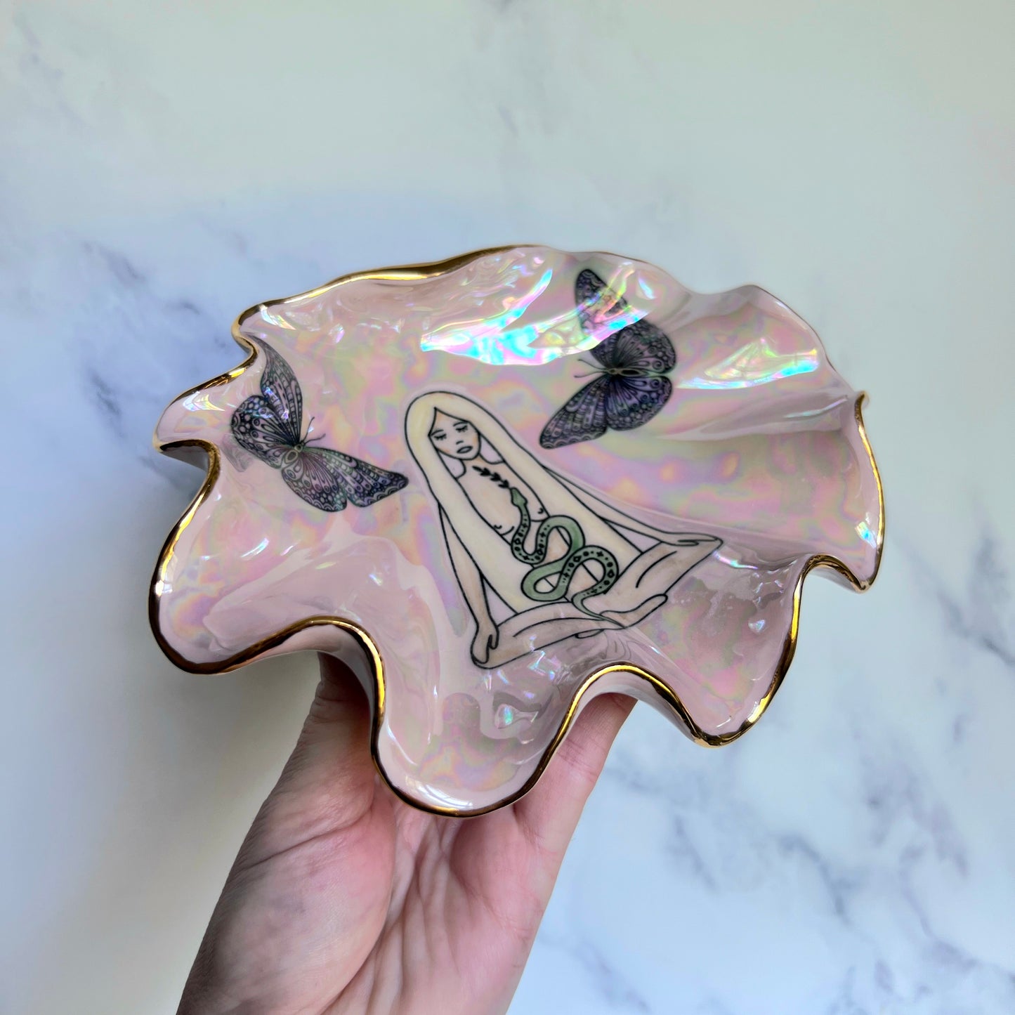 Snake Goddess Shell Bowl with Butterflies