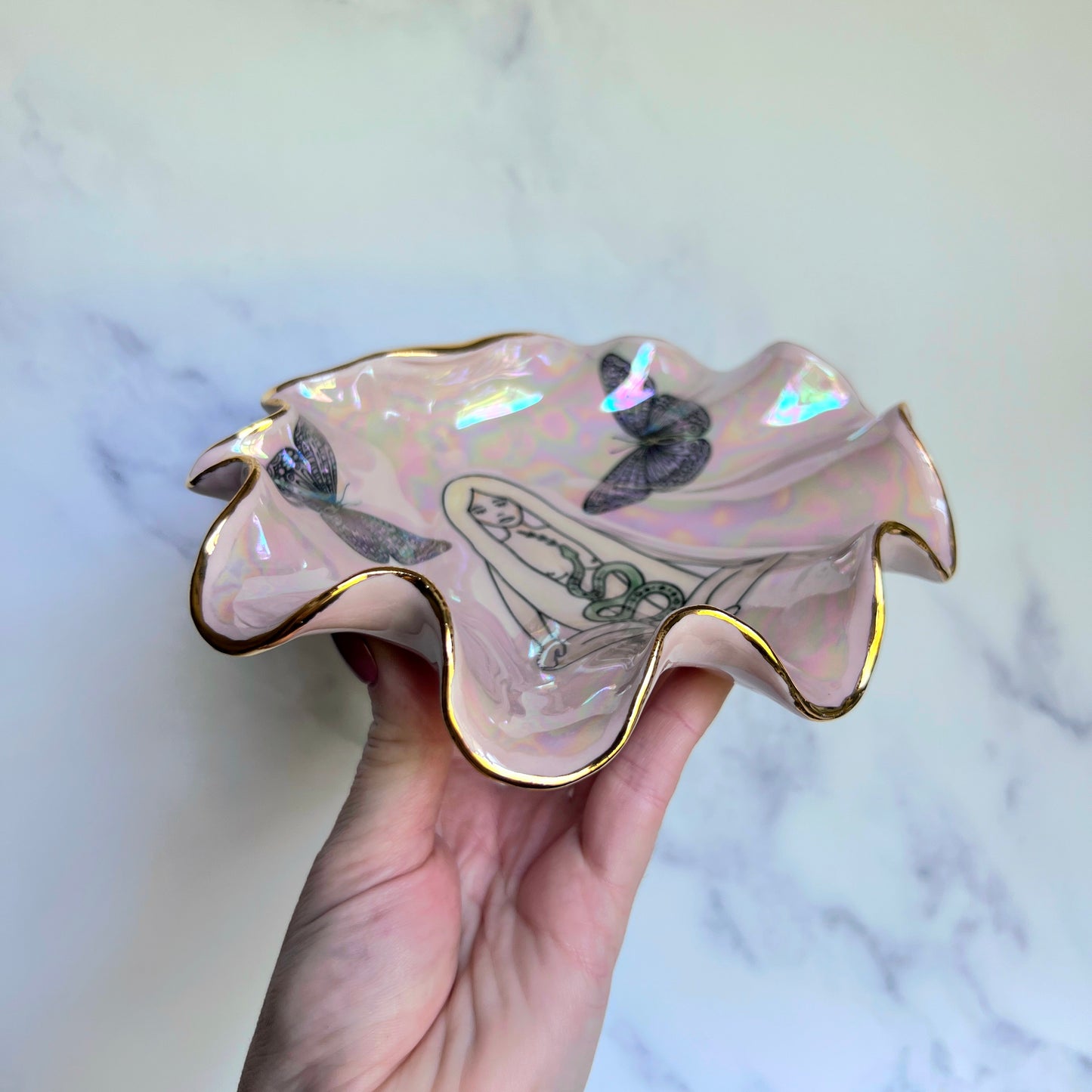 Snake Goddess Shell Bowl with Butterflies