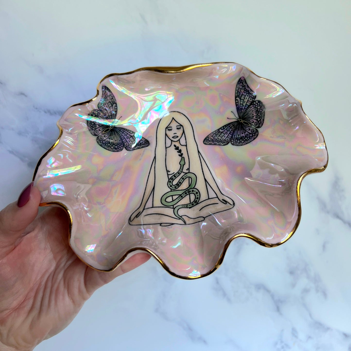 Snake Goddess Shell Bowl with Butterflies