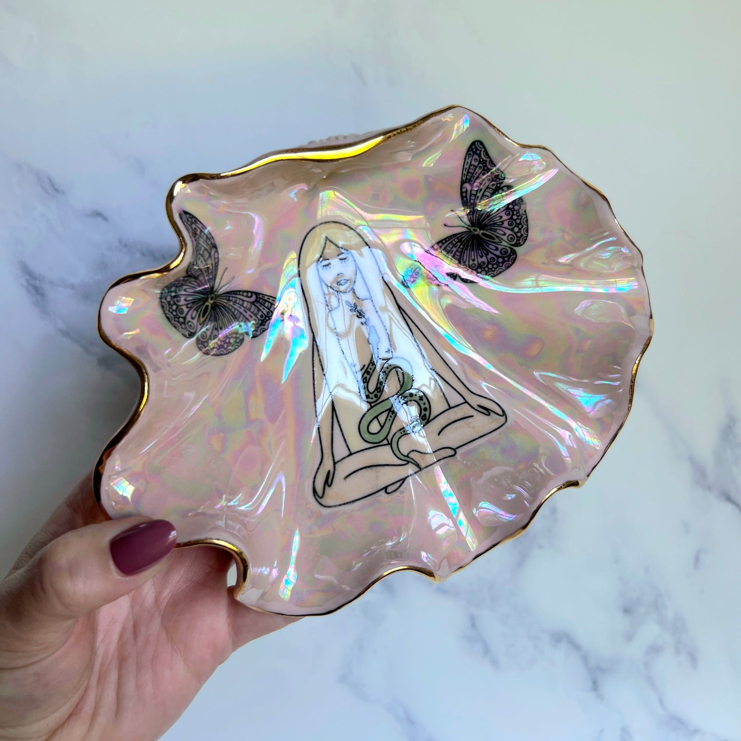Snake Goddess Shell Bowl with Butterflies