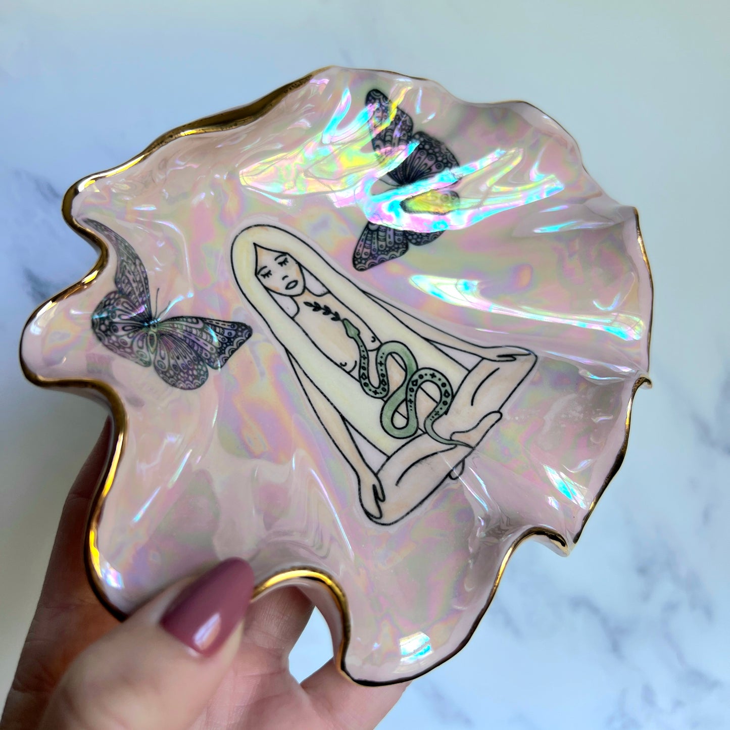 Snake Goddess Shell Bowl with Butterflies