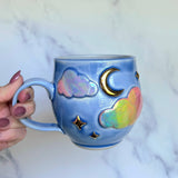 Iridescent Rainbow Cloud Mug with Gold Moon/Stars Blue