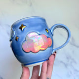Iridescent Rainbow Cloud Mug with Gold Moon/Stars Blue