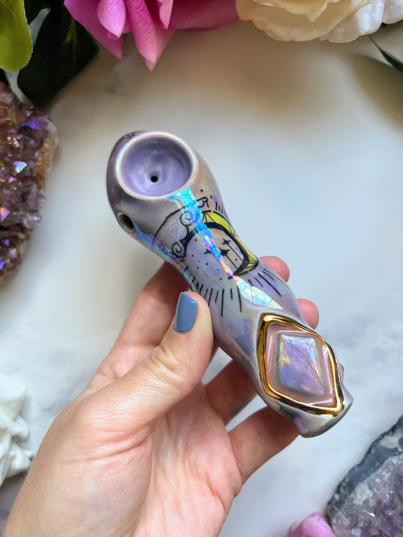 Purple Labradorite Pipe, Dreamy Moon and Clouds Purple Porcelain Smoking Pipe Clay Pipe