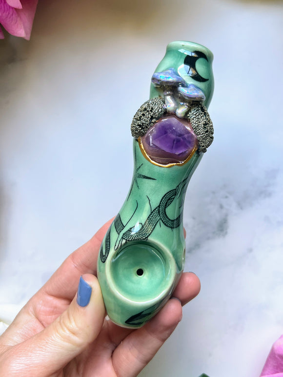 Amethyst Pipe with Mushroom and Moss, Snake Ceramic Porcelain Smoking Pipe