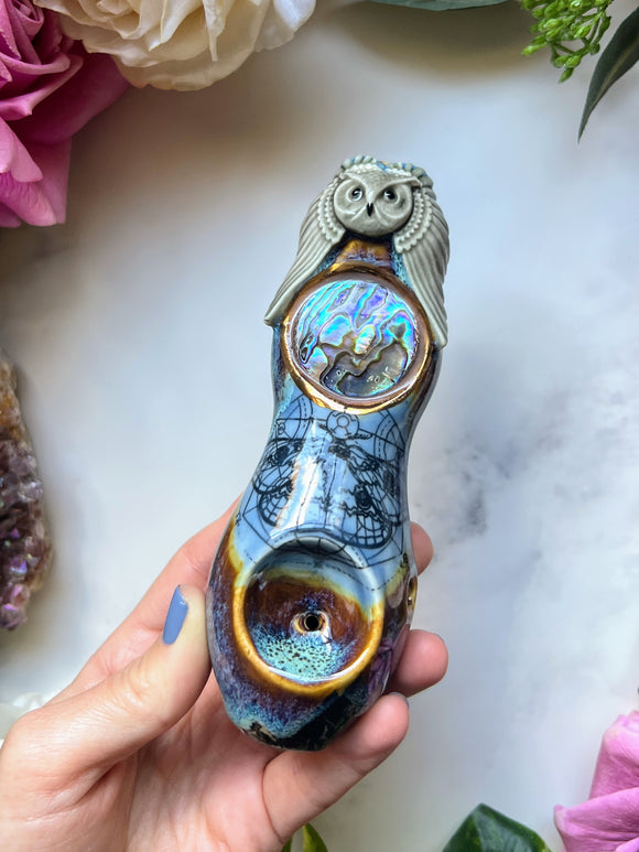 Abalone Pipe with Owl and Moth Ceramic Porcelain Smoking Pipe Clay Pipe