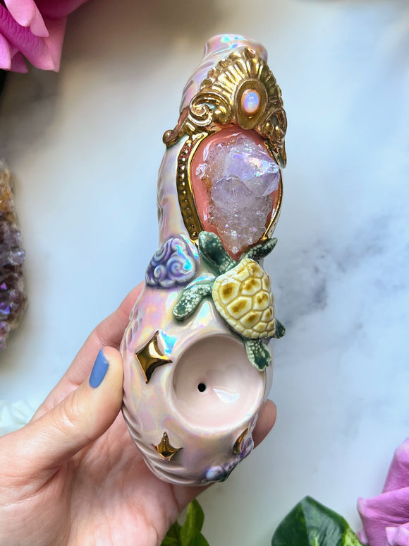 Opal and Aura Spirit Quartz Pipe with Sea Turtle and Gold Gilding Crystal Porcelain Ceramic Smoking Pipe