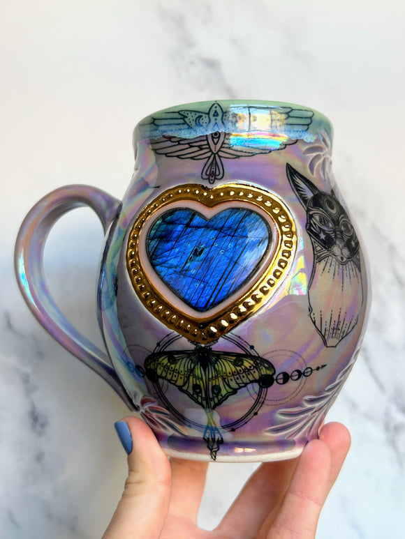 Labradorite Heart Crystal Mug, Witchy Cat and Snake Iridescent Porcelain Coffee Mug, Pottery Mug, White Gold, Hand made Mug,