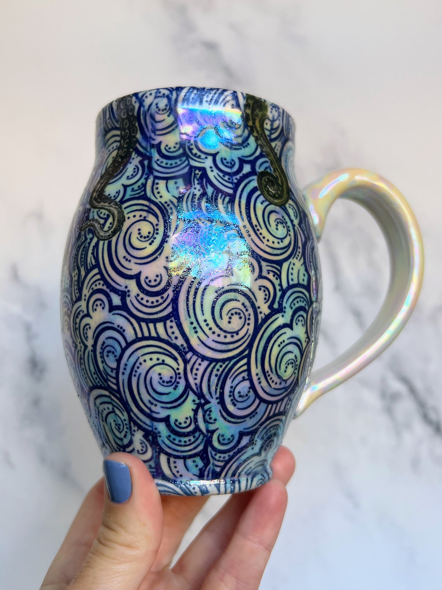 Rainbow Moonstone Crystal Mug, Octopus, Sea Turtle Porcelain  Coffee Mug, Pottery Mug, Porcelain Ceramic Mug, Hand made Mug,