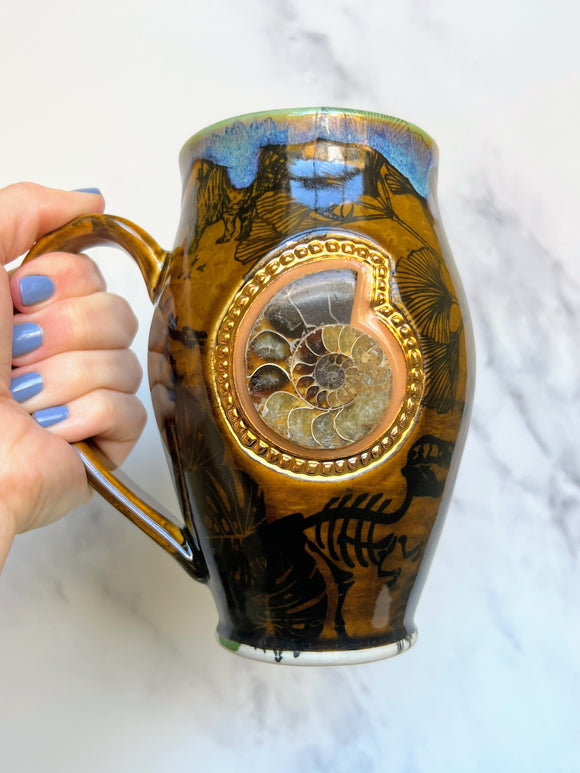 Ammonite Mug with Dinosaur and Plants Ceramic Coffee Mug Porcelain Pottery Mug