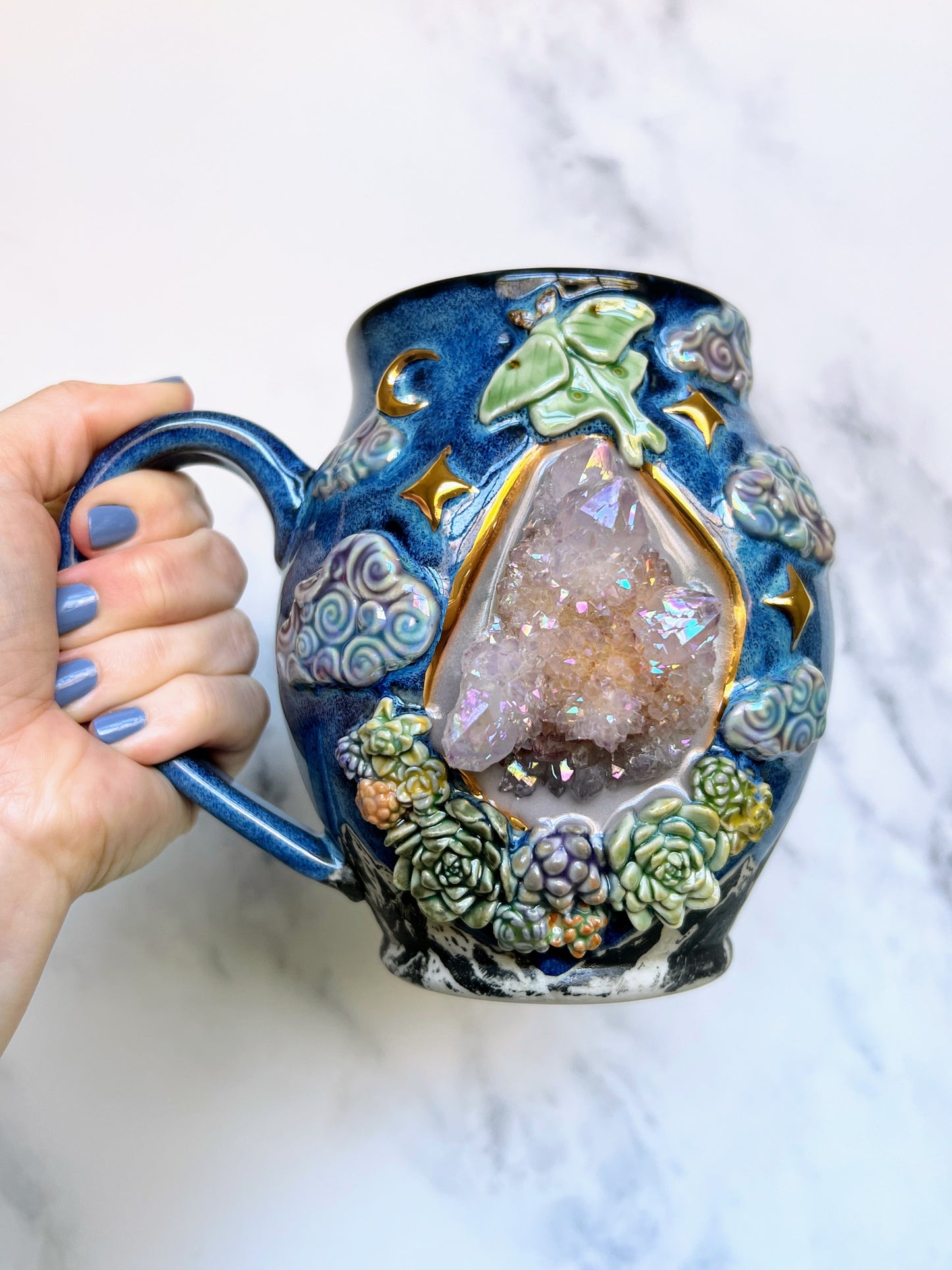 Aura Spirit Quartz Mug, Dreamy Clouds Stars, Succulents and Mountains Crystal Porcelain Ceramic Coffee Mug