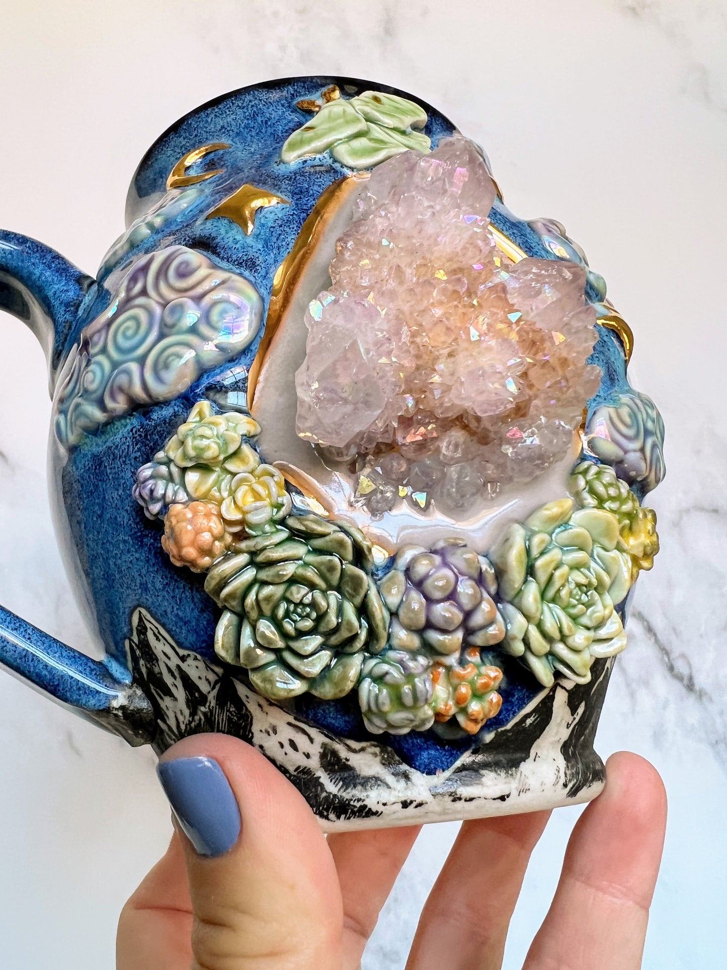 Aura Spirit Quartz Mug, Dreamy Clouds Stars, Succulents and Mountains Crystal Porcelain Ceramic Coffee Mug