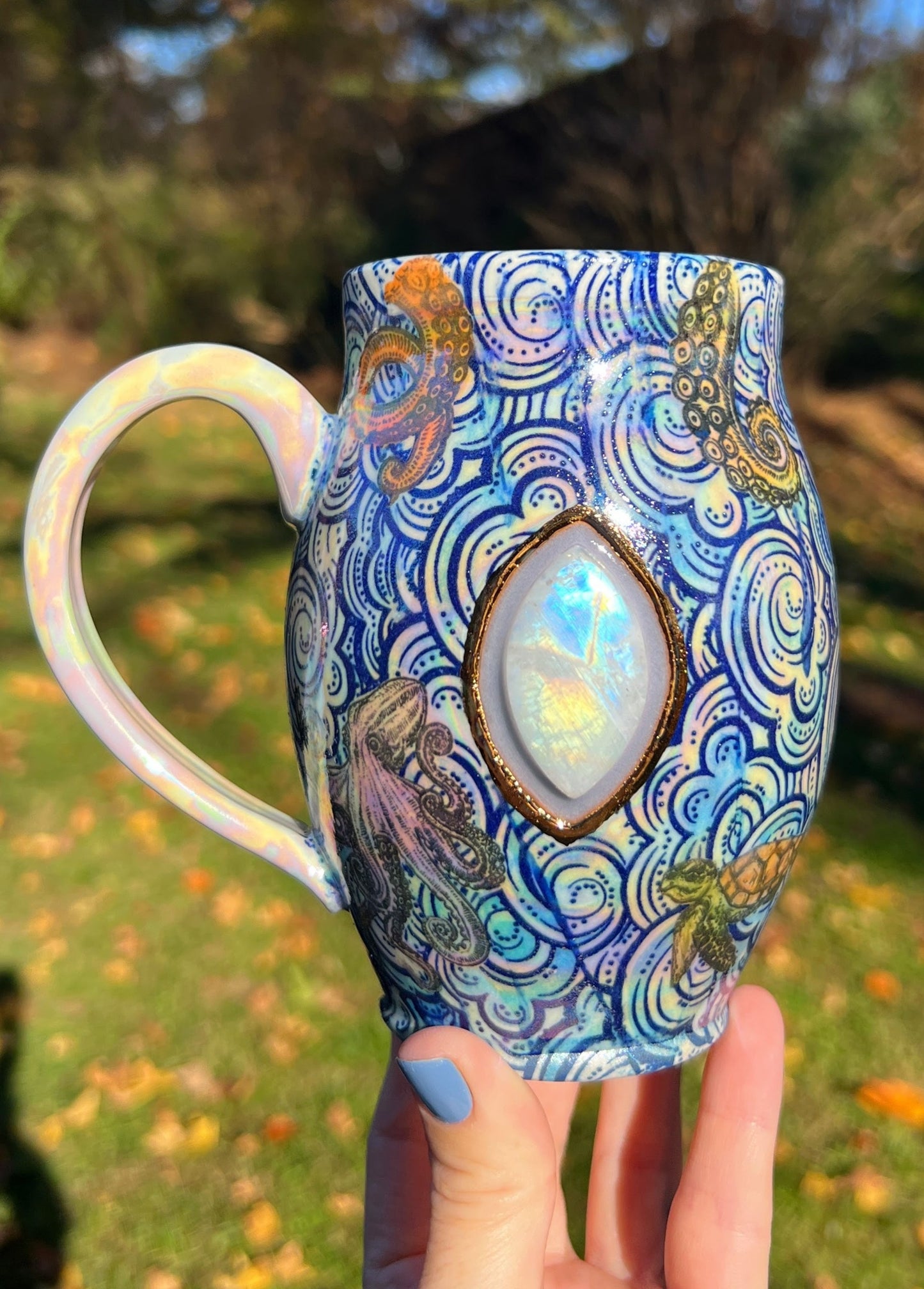 Rainbow Moonstone Crystal Mug, Octopus, Sea Turtle Porcelain  Coffee Mug, Pottery Mug, Porcelain Ceramic Mug, Hand made Mug,