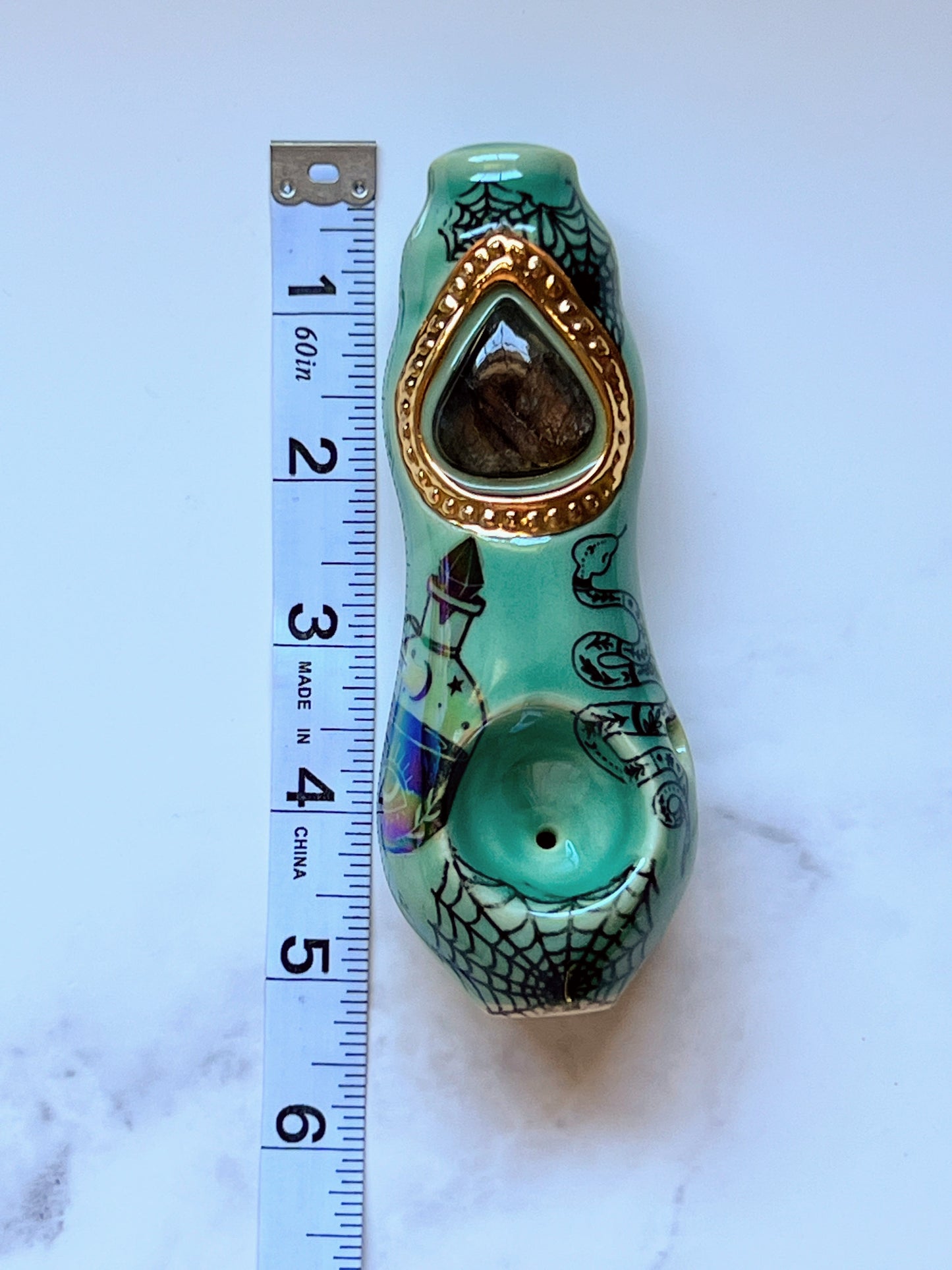 Labradorite Pipe with Potion Bottle Snake Spider Web Porcelain Smoking Pipe Clay Pipe