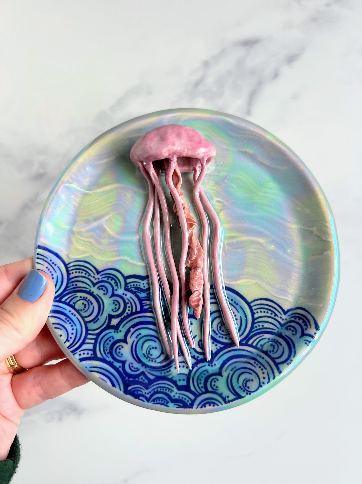 Jelly Fish Wave Dish Iridescent Circle Altar Tray