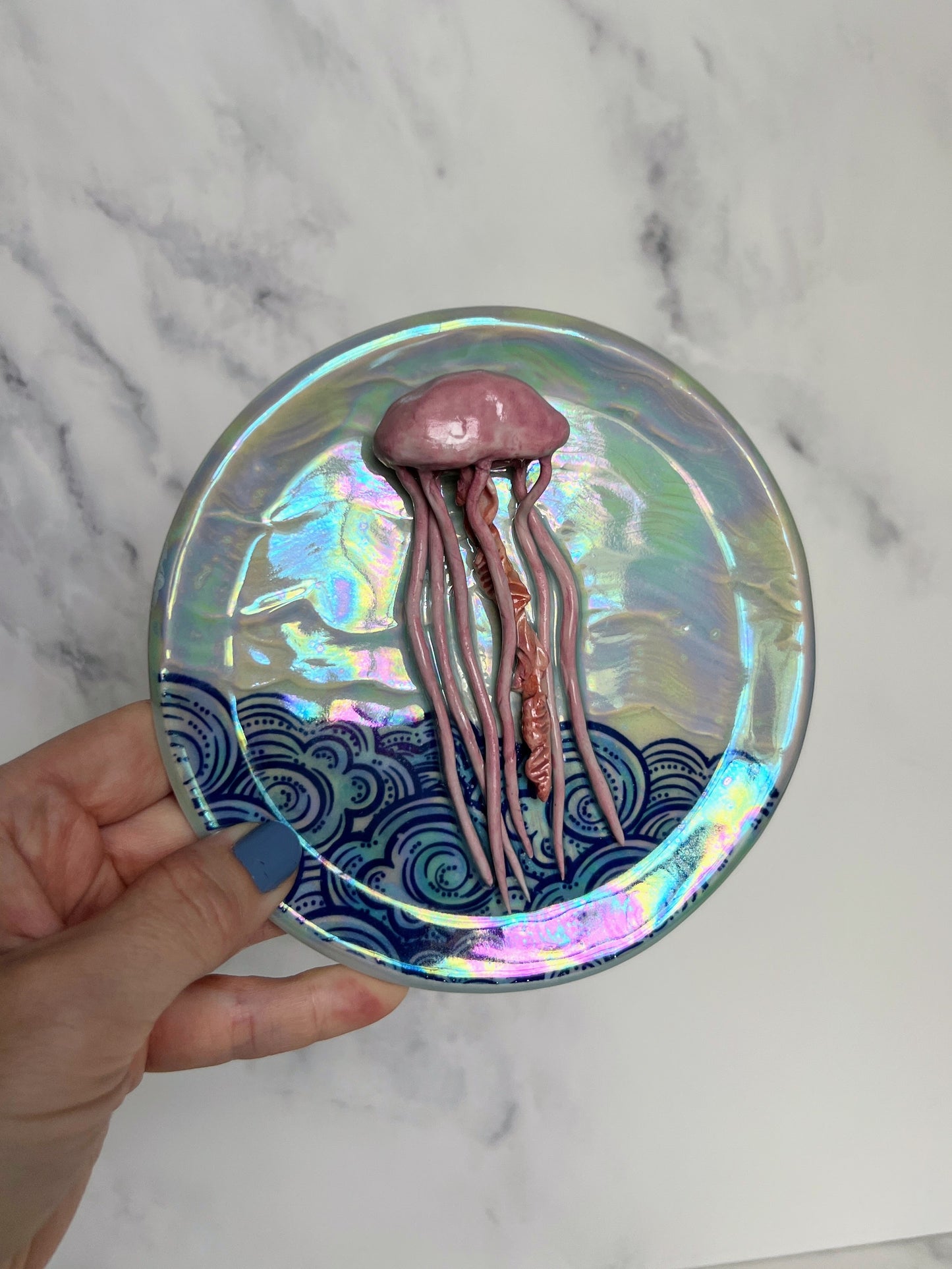 Jelly Fish Wave Dish Iridescent Circle Altar Tray