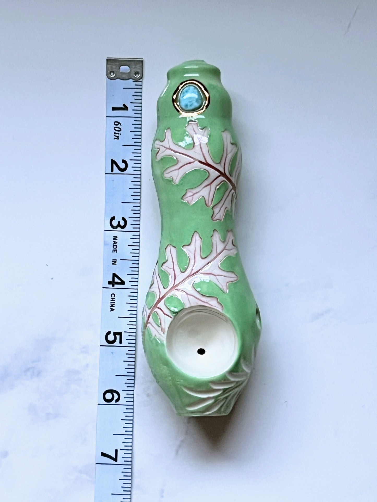 Larimar Pipe with Dusty Miller Leaf Imprint Porcelain Smoking Pipe