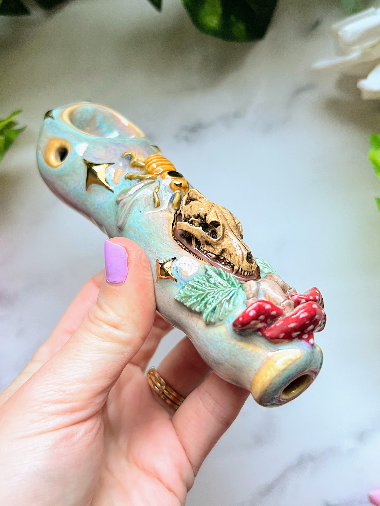 Wolf Skull Pipe with Bee, Mushrooms Gold Stars Porcelain Ceramic Smoking Pipe