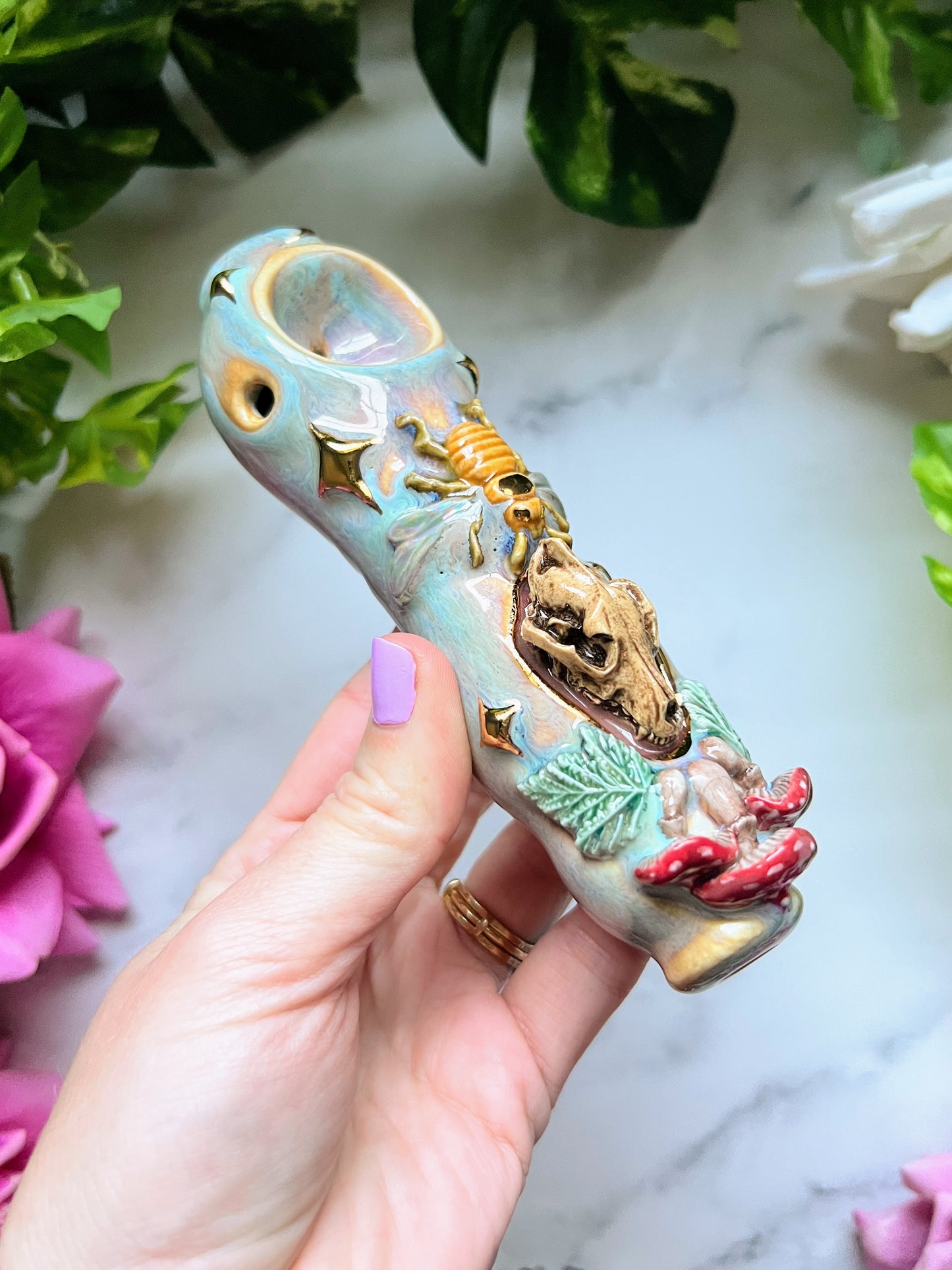 Wolf Skull Pipe with Bee, Mushrooms Gold Stars Porcelain Ceramic Smoking Pipe