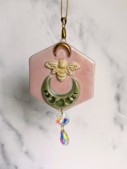 Pink Moon Bee Ornament Suncatcher Art Deco