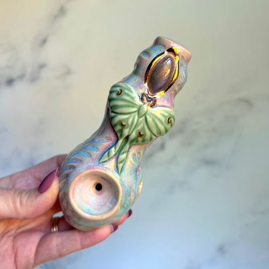Labradorite Luna Moth Pipe - Crystal Inlay