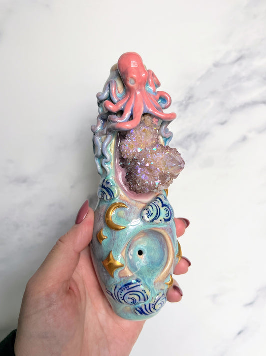 Octopus Aura Spirit Quartz Pipe, Dreamy Clouds Crystal Porcelain Ceramic Smoking Pipe