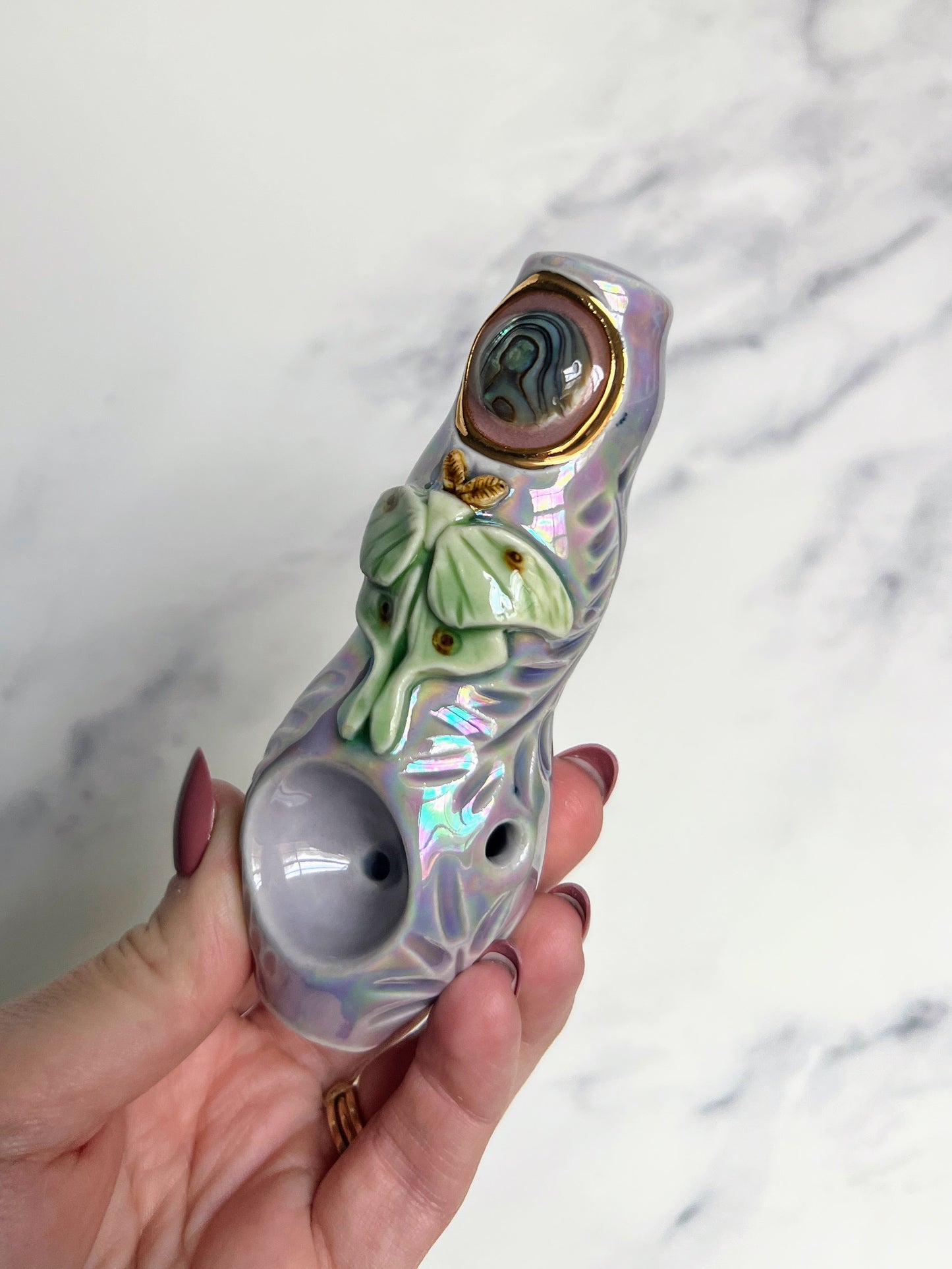 Abalone Pipe Luna Moth Ceramic Porcelain Smoking Pipe Clay Pipe